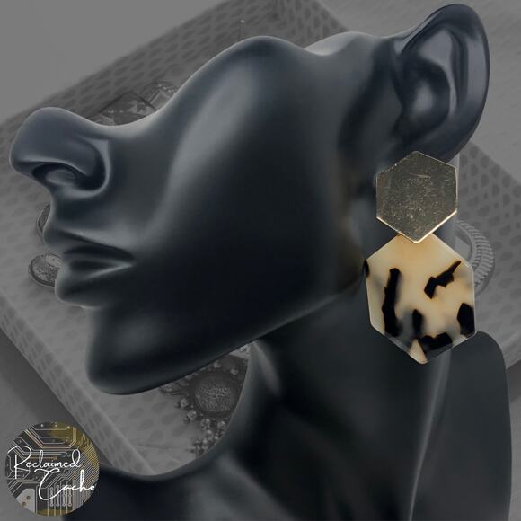 Cream and Black Tortoise Shell Geometric Drop Earrings - Picture 1 of 4